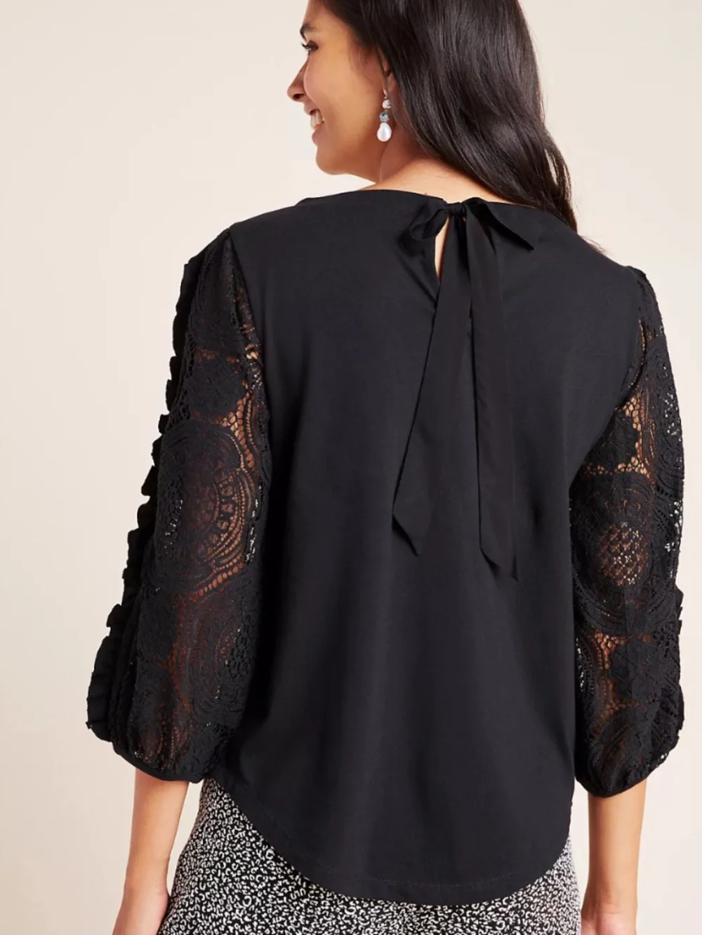 Anthropologie Nina Lace‎ Top Size Small Sheer Crochet Sleeve Black Blouse Cotton